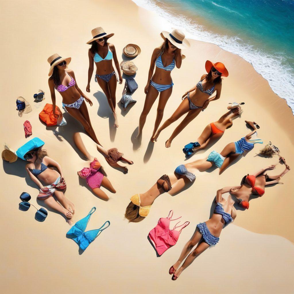 A visually striking beach scene with a variety of stylish bikinis displayed on the sand, each embodying different vibrant colors and patterns. Show a diverse group of men captivated by the bikinis, admiring them from a distance with expressions of intrigue and fascination. The background features a bright blue ocean under a sunny sky, with soft waves gently lapping at the shore, creating an inviting atmosphere. Add elements of fashion accessories scattered around, such as sunglasses and hats, to enhance the allure of the scene. vibrant colors. super-realistic.
