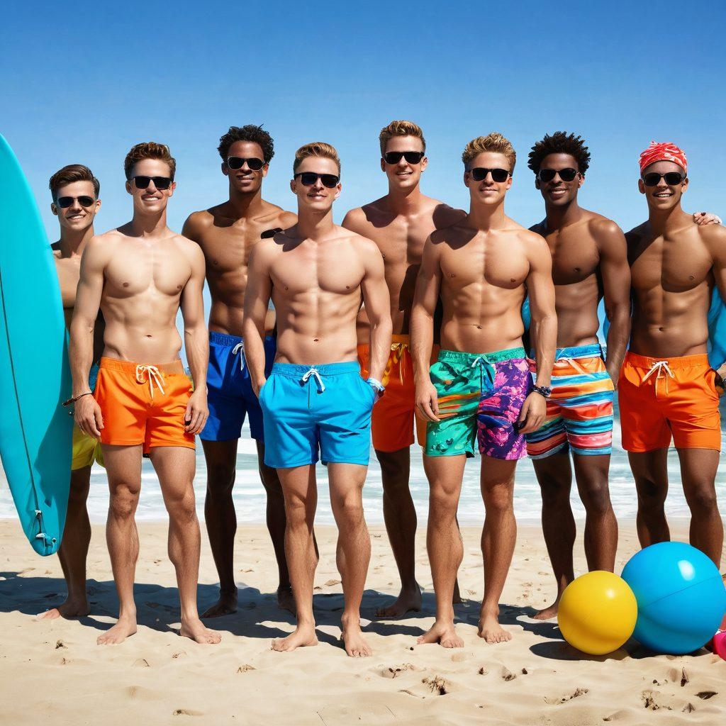 A vibrant beach scene showcasing diverse male figures confidently wearing stylish two-piece swimwear, surrounded by colorful beach accessories. The composition highlights the evolution of male fashion, with contrasting traditional swimwear in the background. Use warm sunlight to enhance the inviting atmosphere, embracing themes of acceptance and confidence. Bright and playful colors, capturing a modern and refreshing take on gender roles. super-realistic. vibrant colors.
